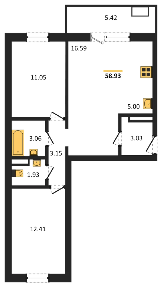 Планировка: 2-комн., 58,9 м²