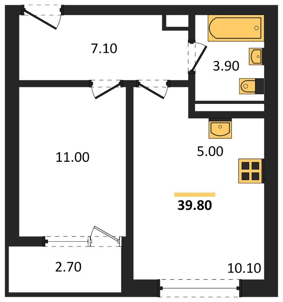 Планировка: 1-комн., 39,8 м²