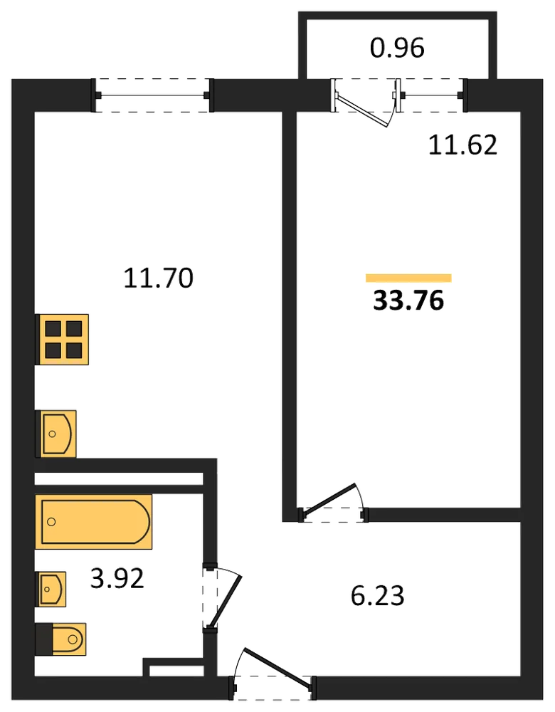 Планировка: 1-комн., 33,8 м²