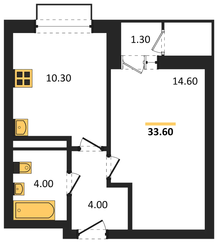 Планировка: 1-комн., 33,6 м²
