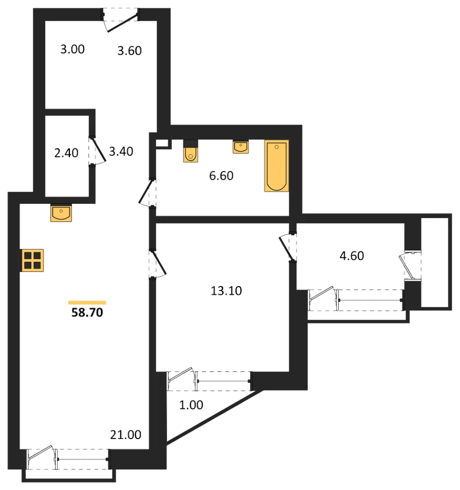 Планировка: 1-комн., 58,7 м²