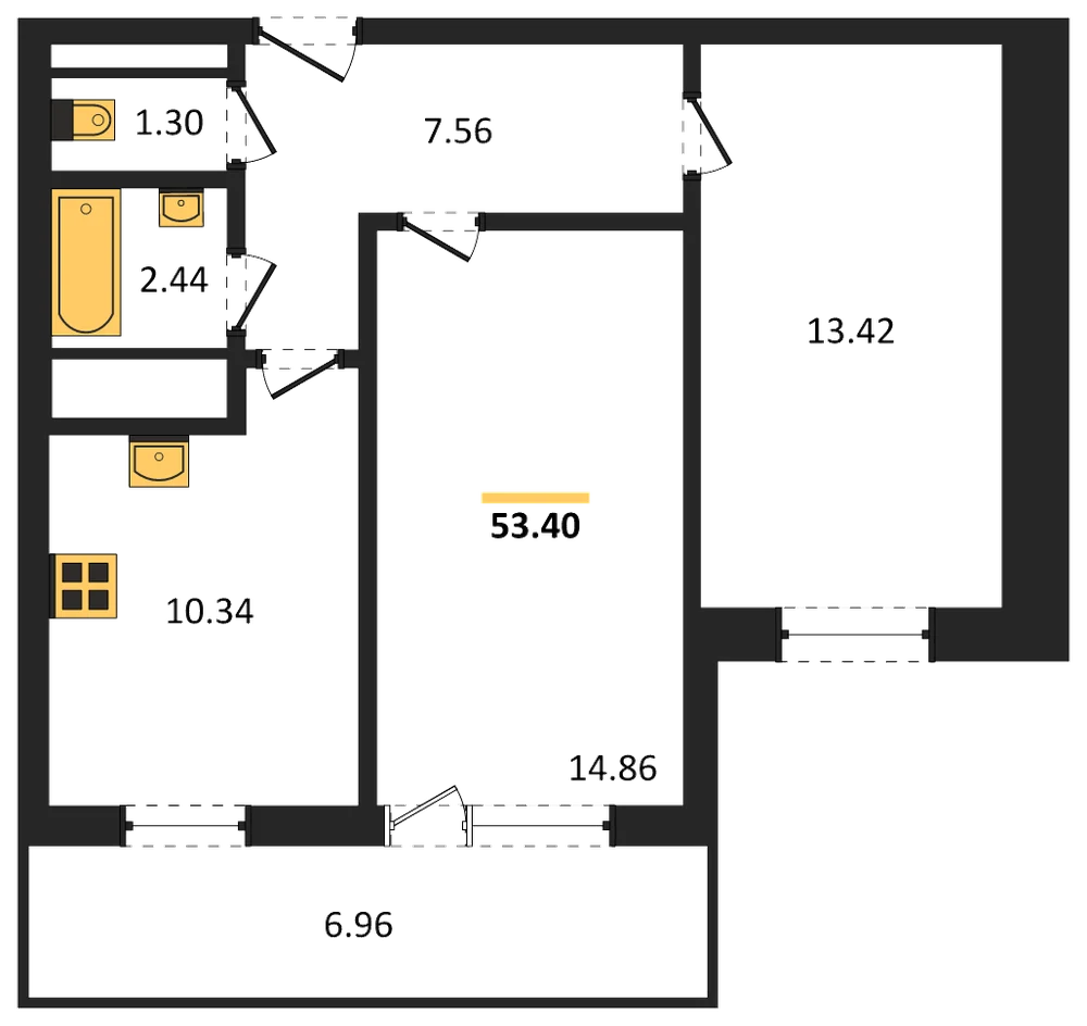 Планировка: 2-комн., 53,4 м²