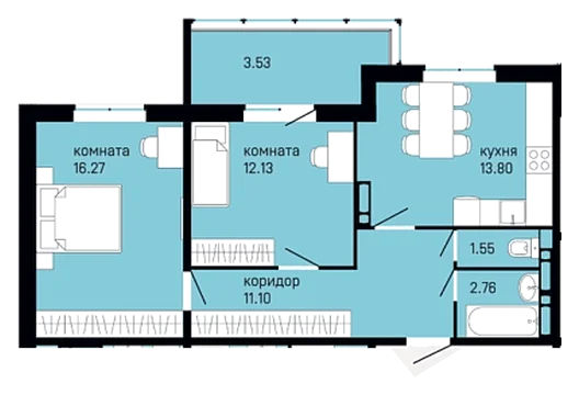 Планировка: 2-комн., 61,1 м²
