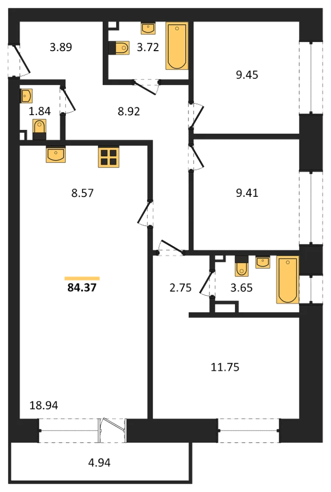 Планировка: 3-комн., 87,8 м²