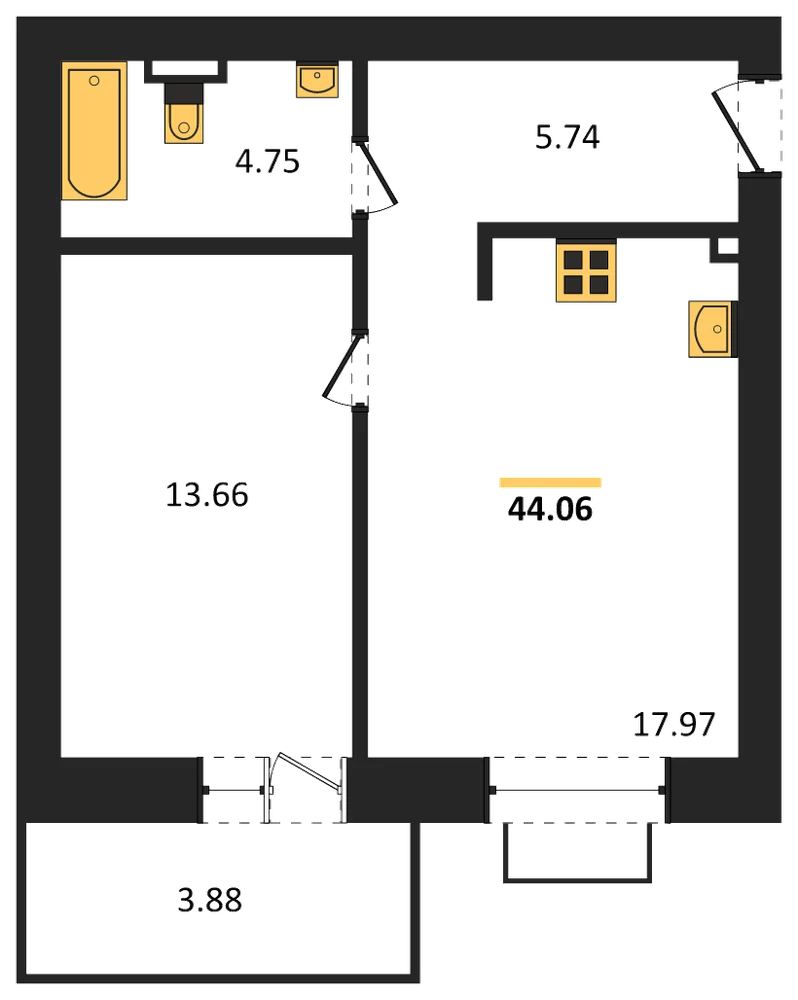 Планировка: 1-комн., 44,1 м²