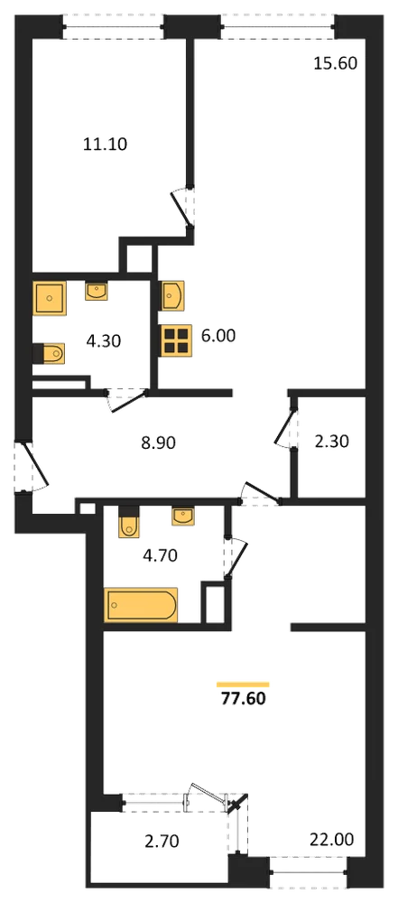 Планировка: 2-комн., 77,6 м²