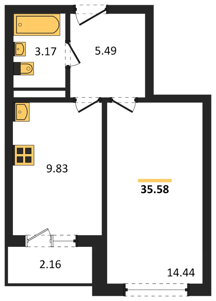 Планировка: 1-комн., 35,1 м²