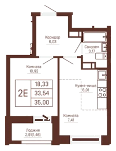 Планировка: 1-комн., 35 м²