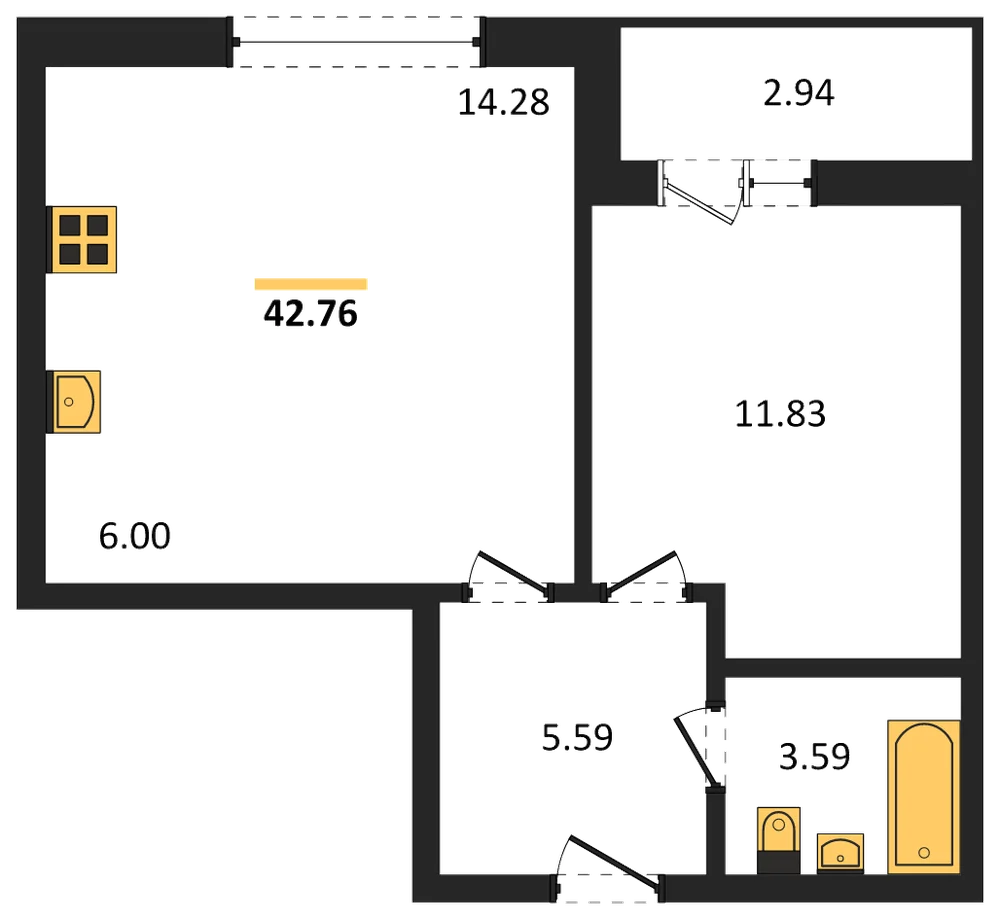 Планировка: 1-комн., 42,8 м²
