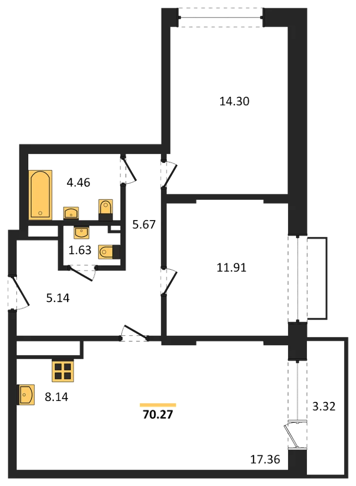 Планировка: 2-комн., 70,3 м²