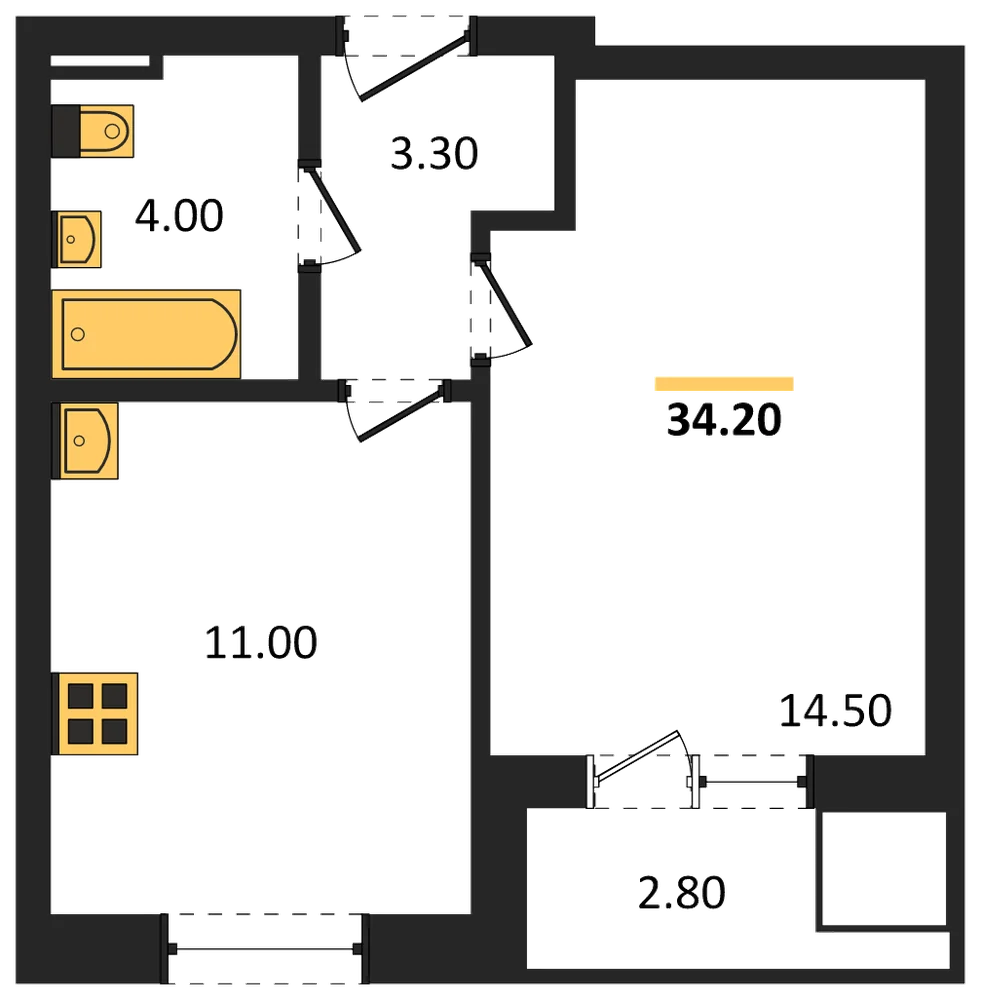 Планировка: 1-комн., 34,2 м²