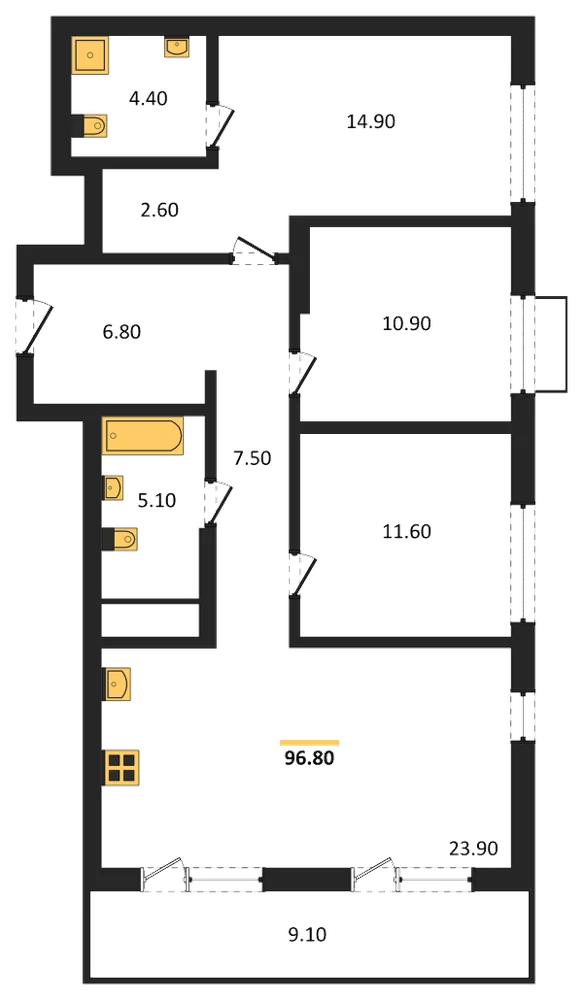 Планировка: 3-комн., 96,8 м²