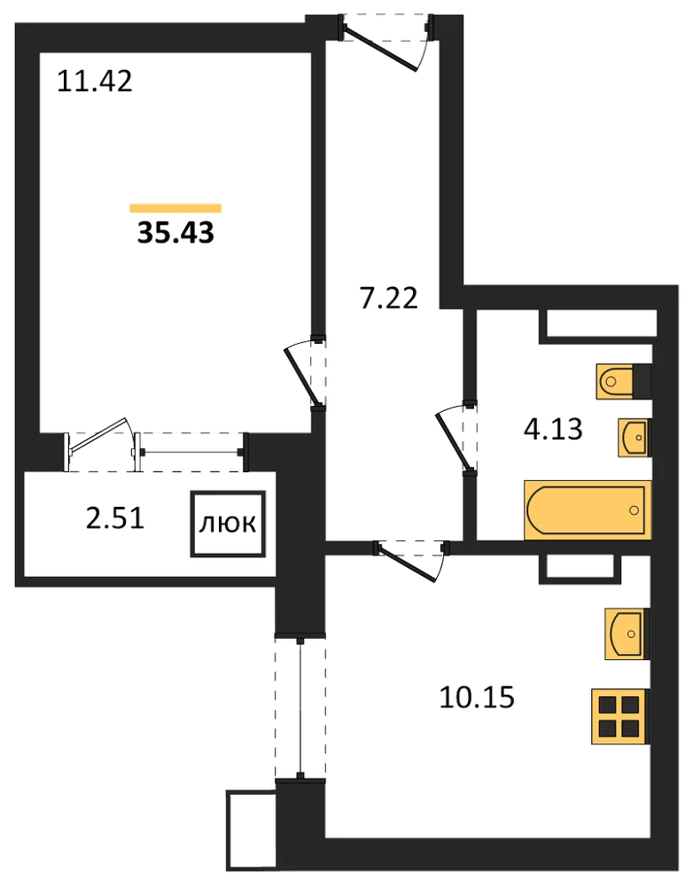 Планировка: 1-комн., 35,4 м²