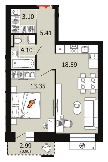 Планировка: 1-комн., 45,5 м²