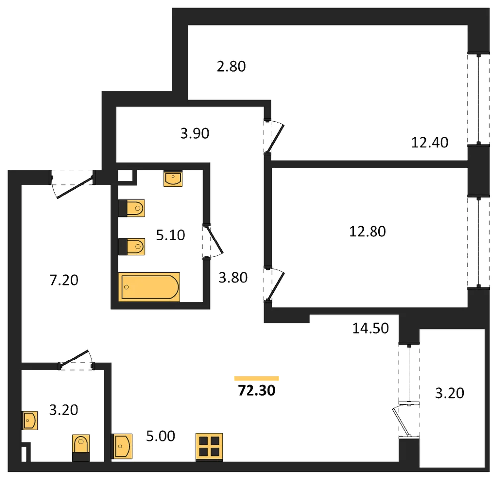 Планировка: 3-комн., 72,3 м²