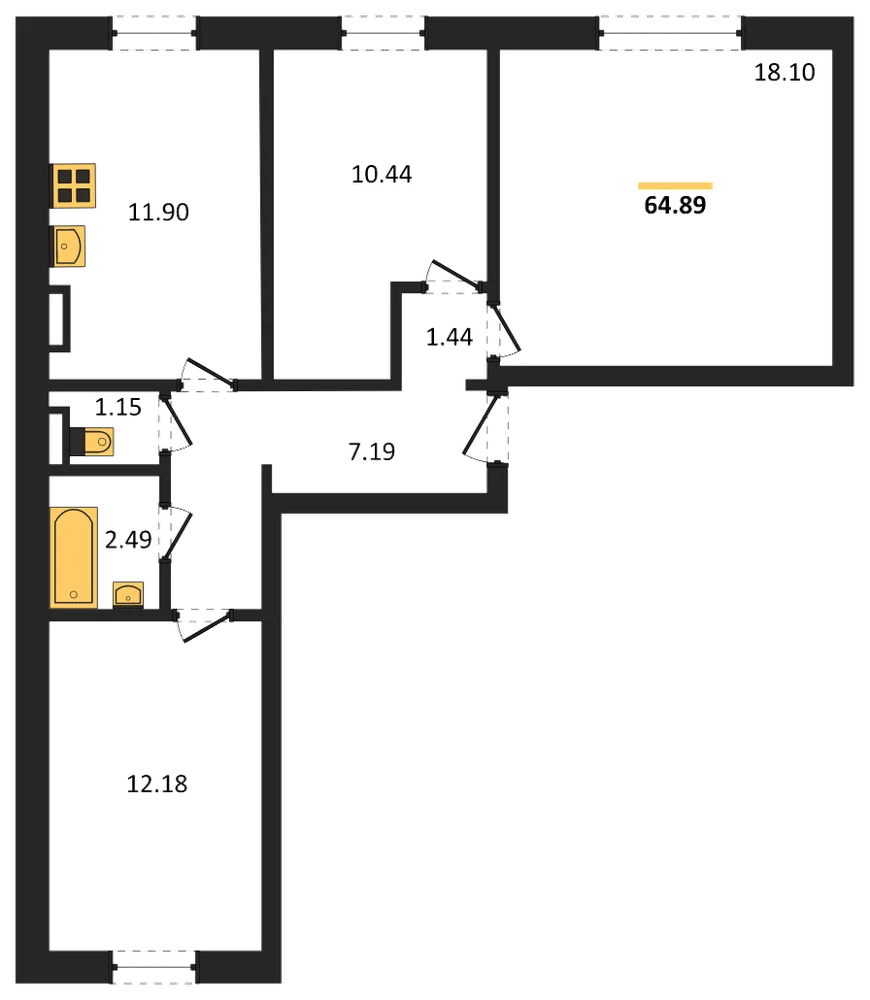 Планировка: 3-комн., 64,9 м²