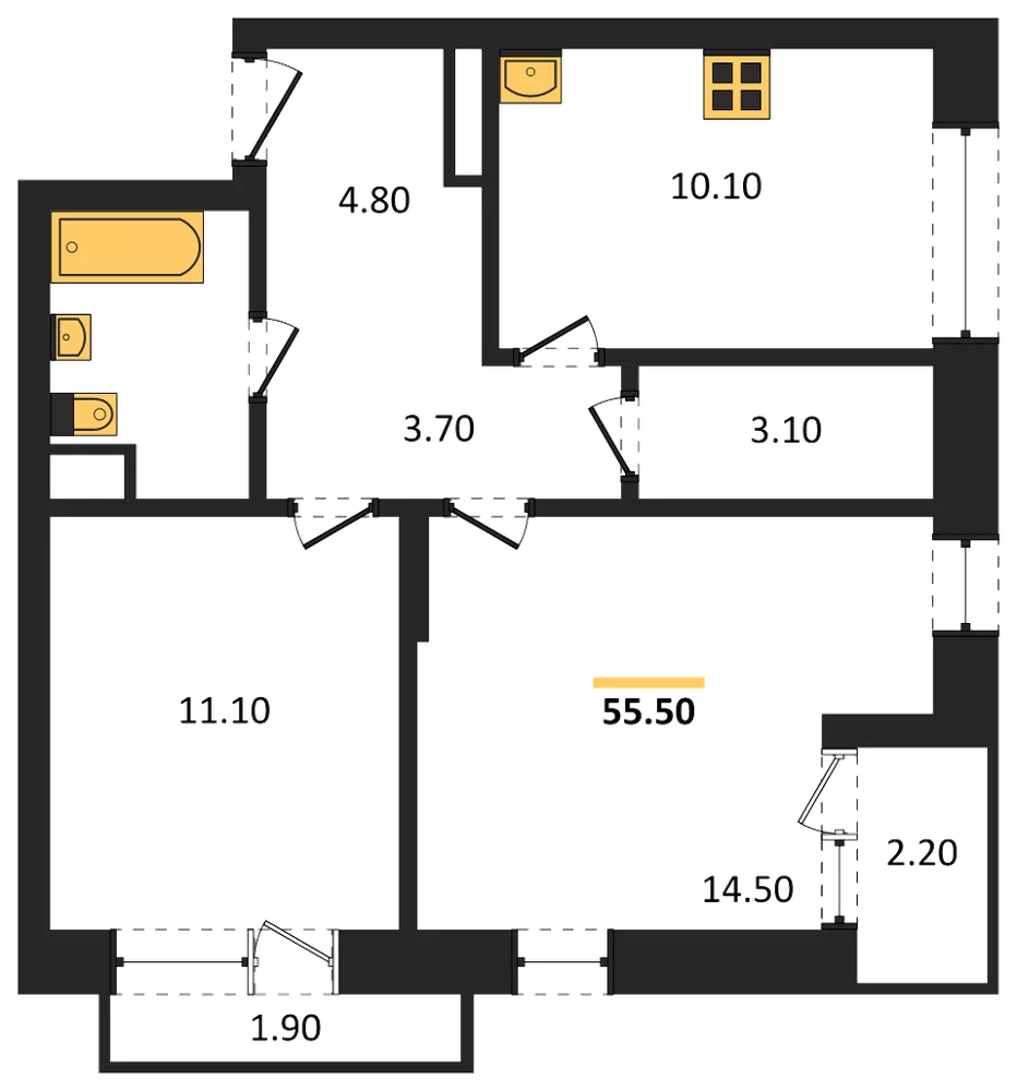 Планировка: 2-комн., 55,5 м²