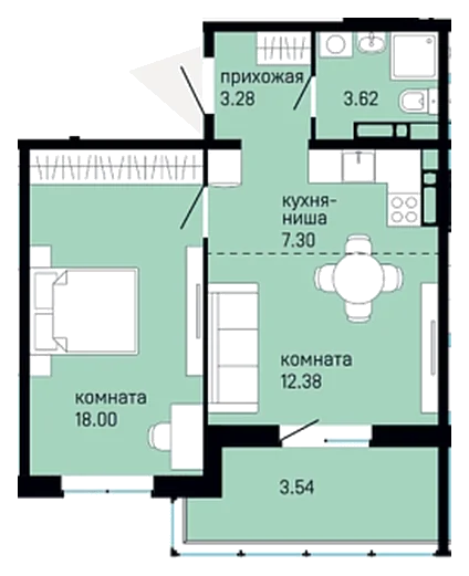 Планировка: 1-комн., 48,1 м²