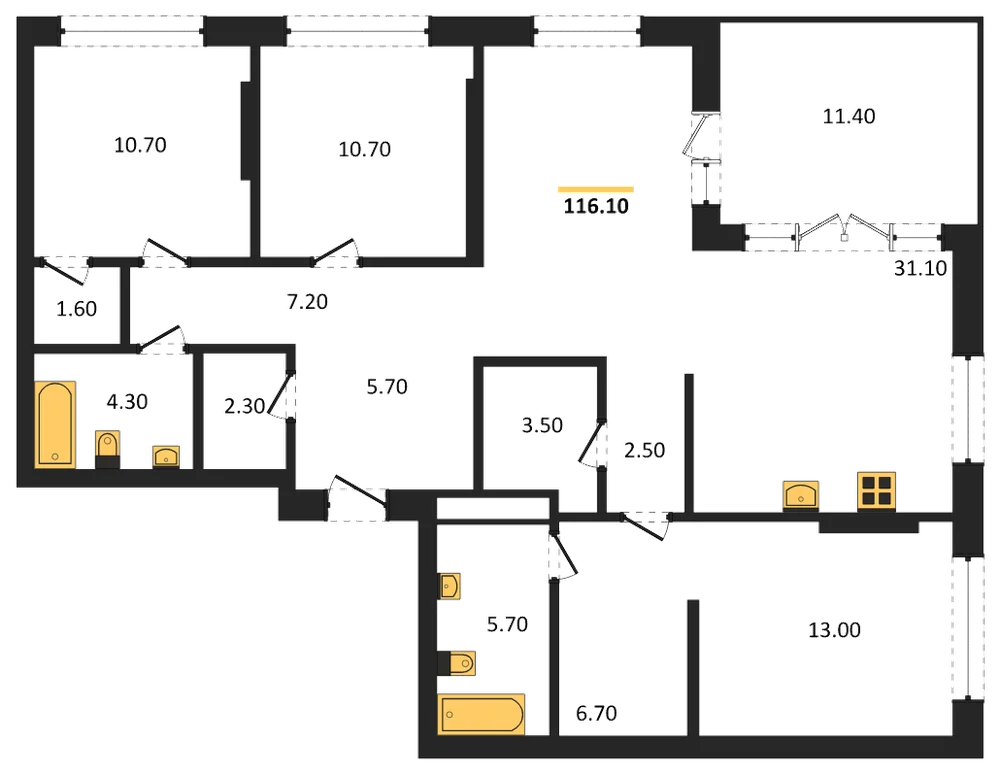 Планировка: 3-комн., 116,1 м²