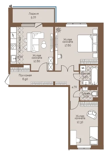 Планировка: 2-комн., 67,2 м²