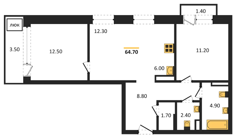 Планировка: 2-комн., 64,7 м²