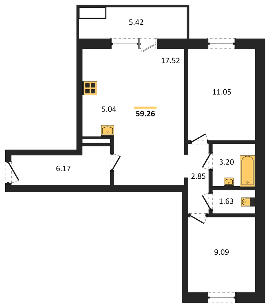 Планировка: 2-комн., 59,3 м²