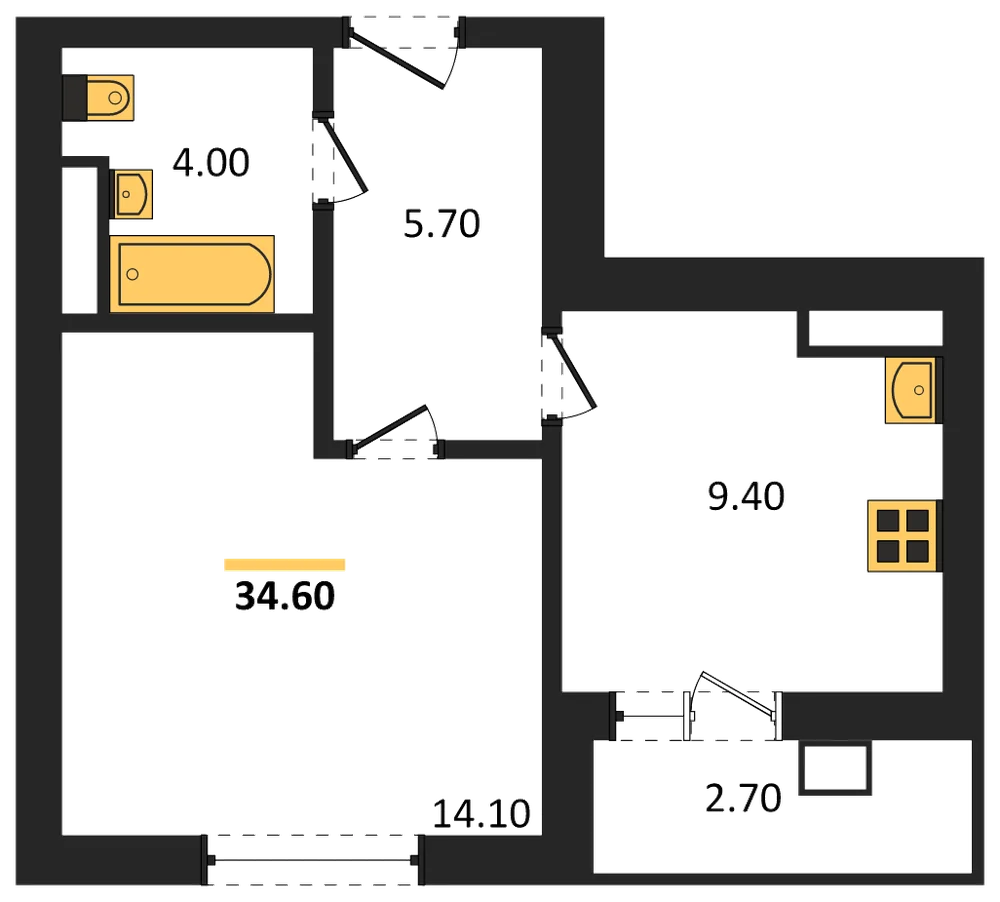Планировка: 1-комн., 34,6 м²