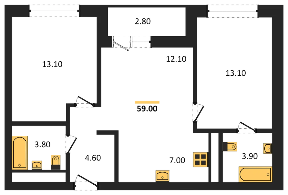 Планировка: 2-комн., 59 м²