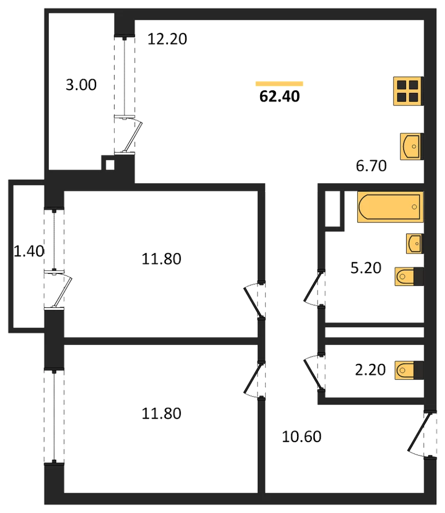 Планировка: 2-комн., 62,4 м²