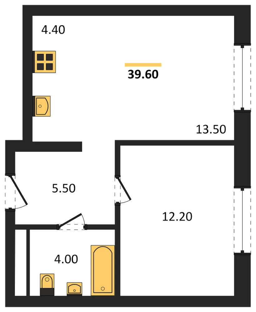 Планировка: 1-комн., 39,6 м²