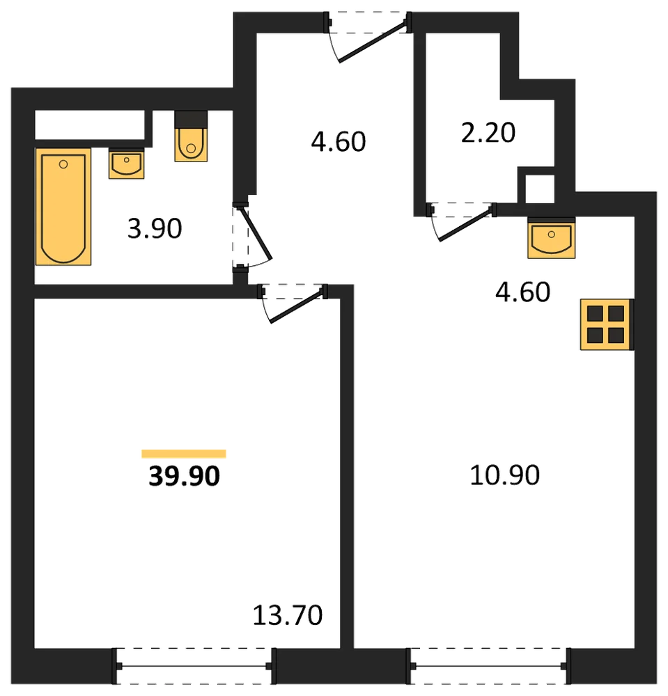 Планировка: 1-комн., 39,9 м²