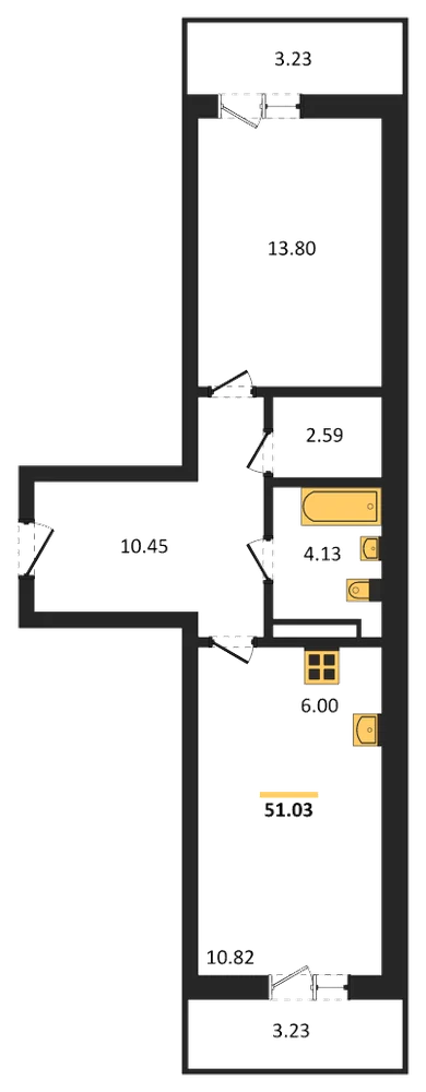 Планировка: 1-комн., 51 м²