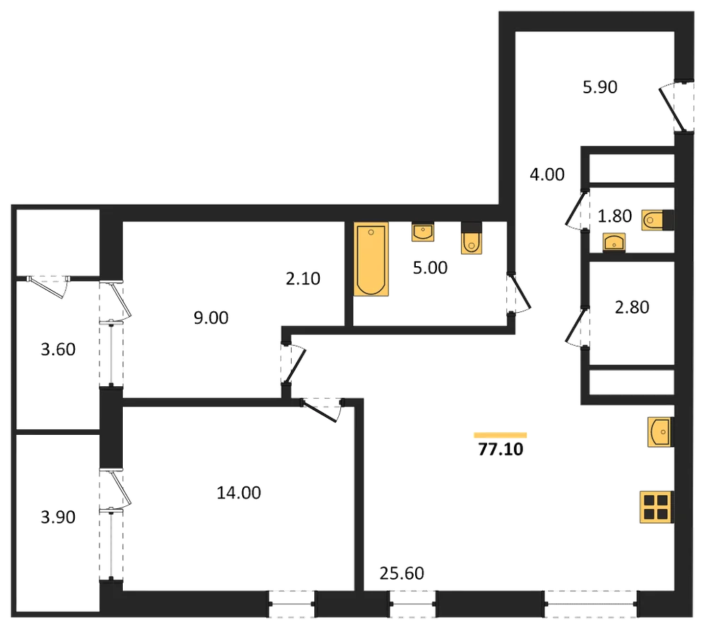 Планировка: 2-комн., 77,7 м²