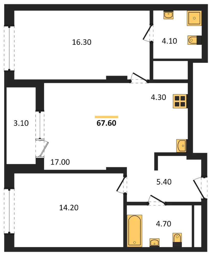 Планировка: 2-комн., 67,6 м²