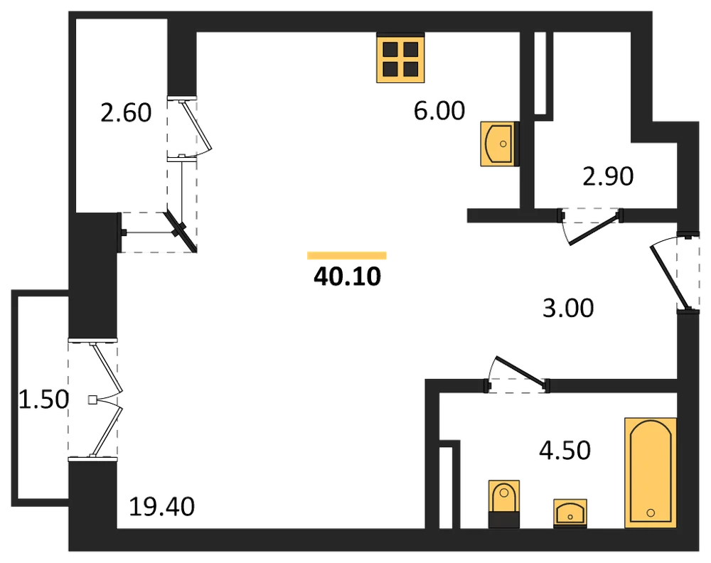 Планировка: Студия, 40,1 м²