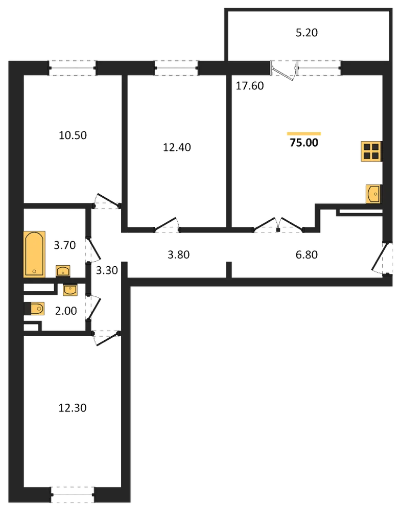 Планировка: 3-комн., 75 м²