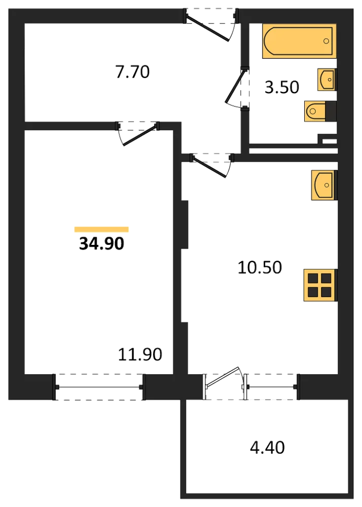 Планировка: 1-комн., 34,9 м²