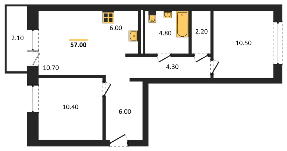 Планировка: 2-комн., 57 м²