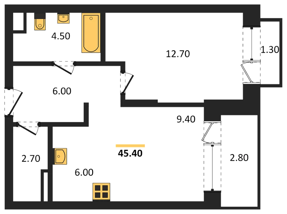 Планировка: 1-комн., 45,4 м²