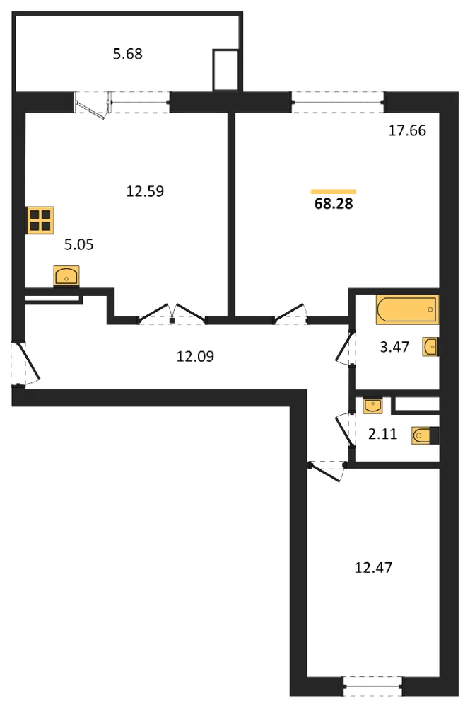 Планировка: 2-комн., 68,3 м²