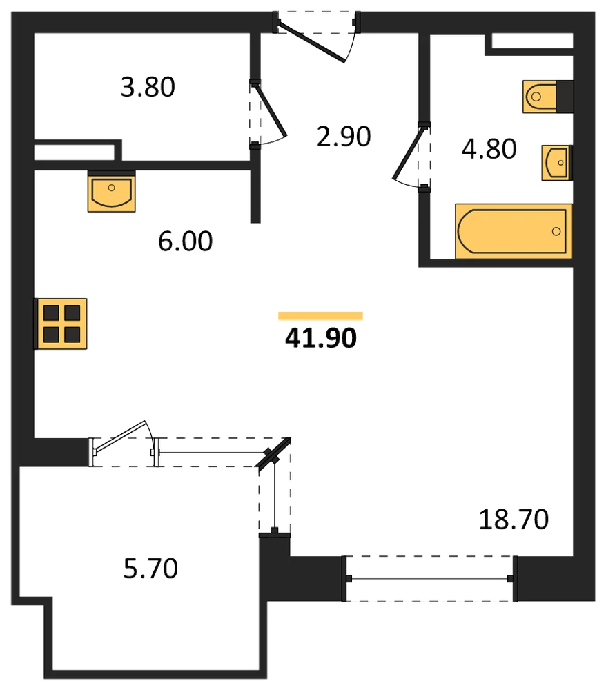 Планировка: Студия, 41,9 м²