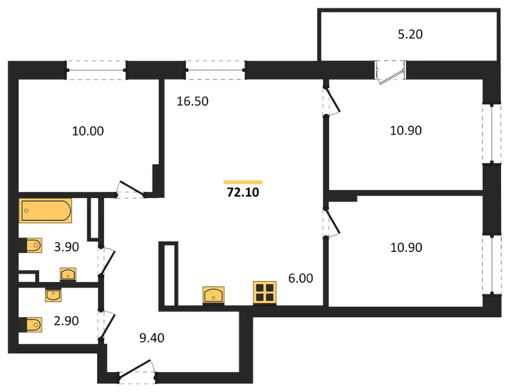 Планировка: 3-комн., 69,7 м²