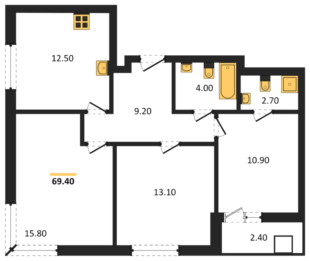 Планировка: 3-комн., 69,4 м²