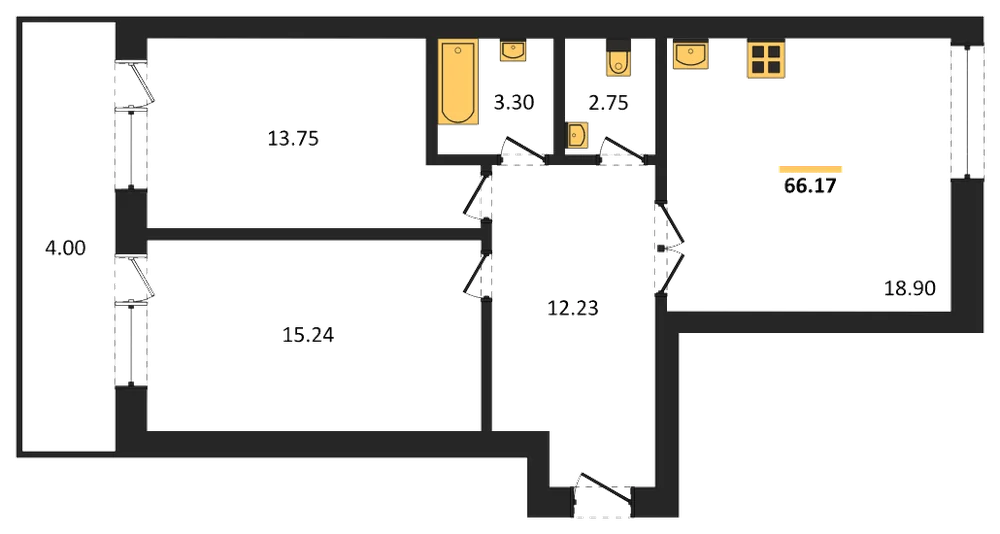 Планировка: 2-комн., 66 м²