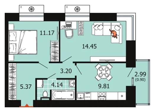 Планировка: 2-комн., 49 м²