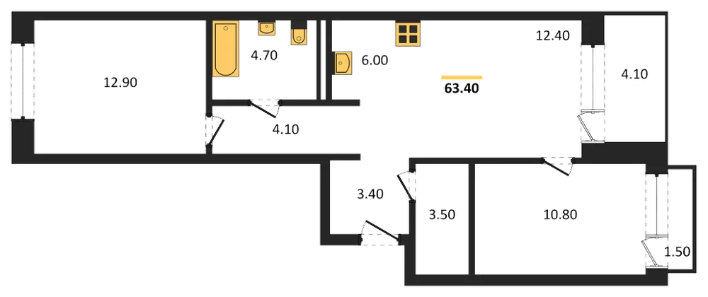 Планировка: 2-комн., 63,4 м²