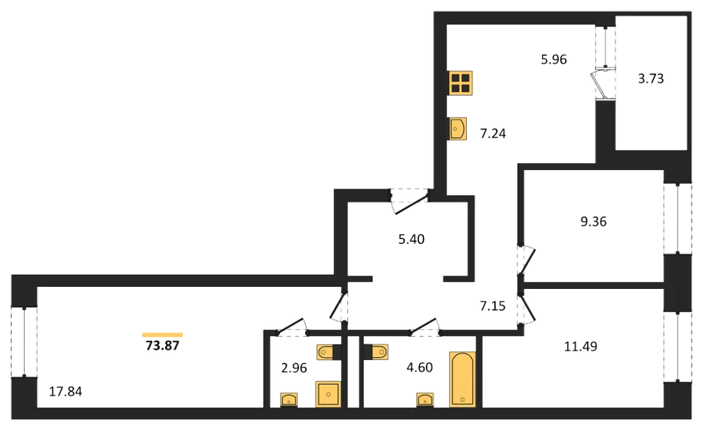 Планировка: 3-комн., 73,9 м²