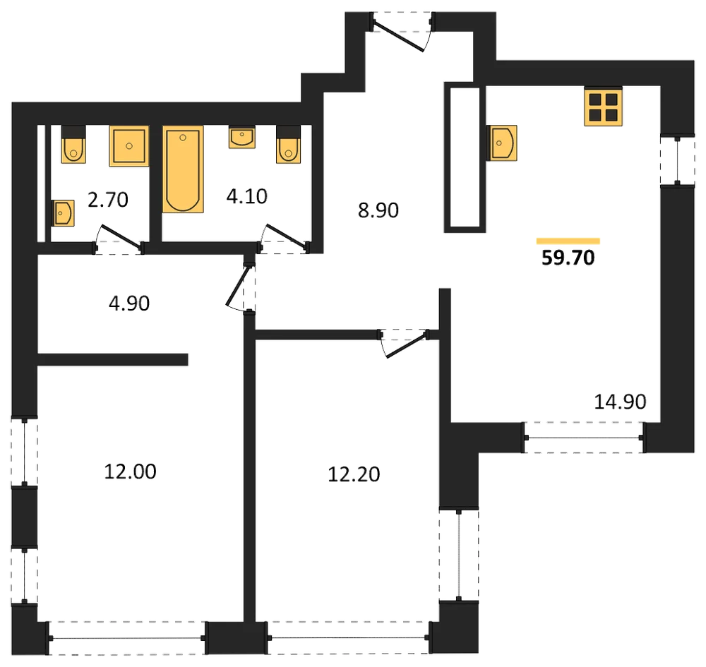 Планировка: 2-комн., 59,7 м²
