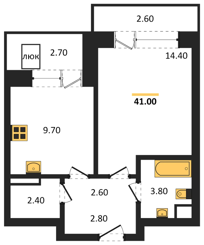 Планировка: 1-комн., 41 м²