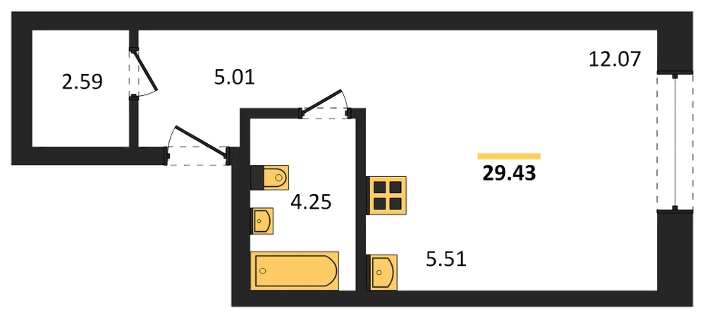Планировка: Студия, 29,1 м²
